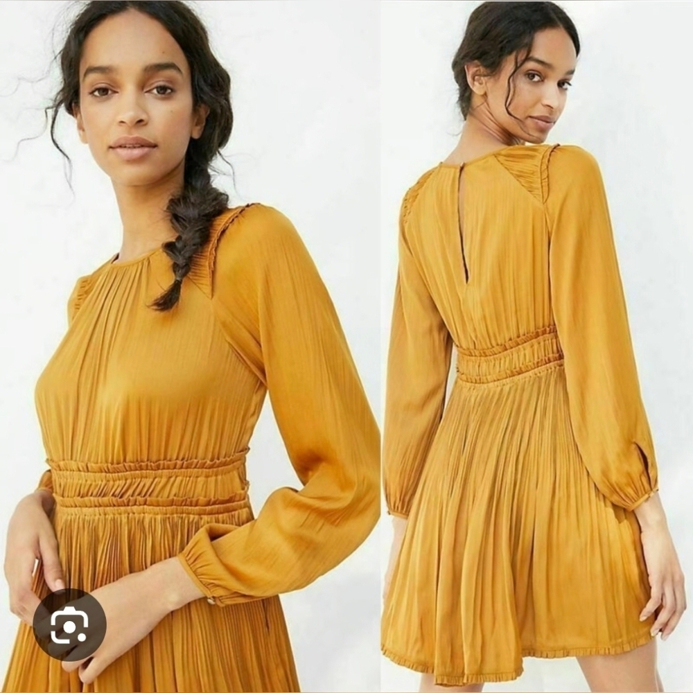 Anthropologie Maeve Gold Saniya Mini Dress Long Sleeves Pleated Dress S